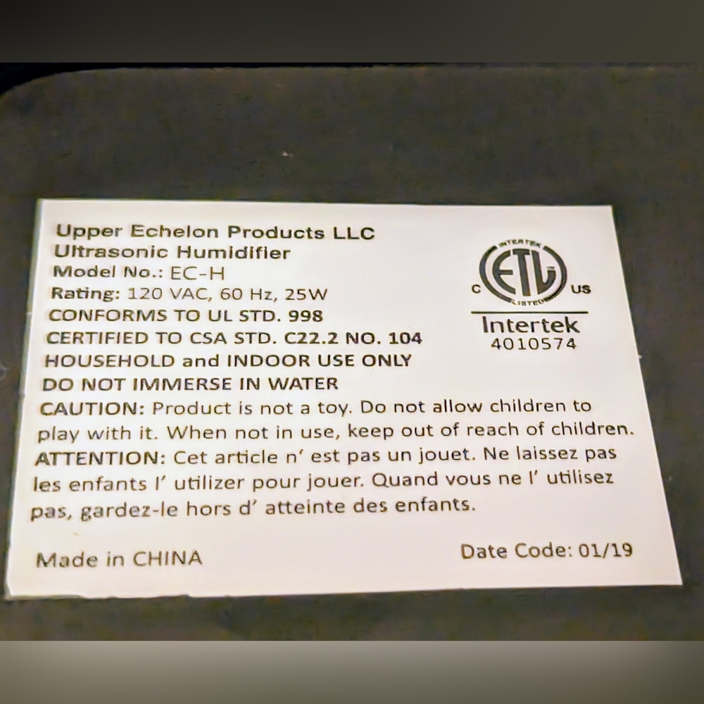 Intertek Ultrasonic HumidifierModel No.: EC-H - Picture 12 of 12